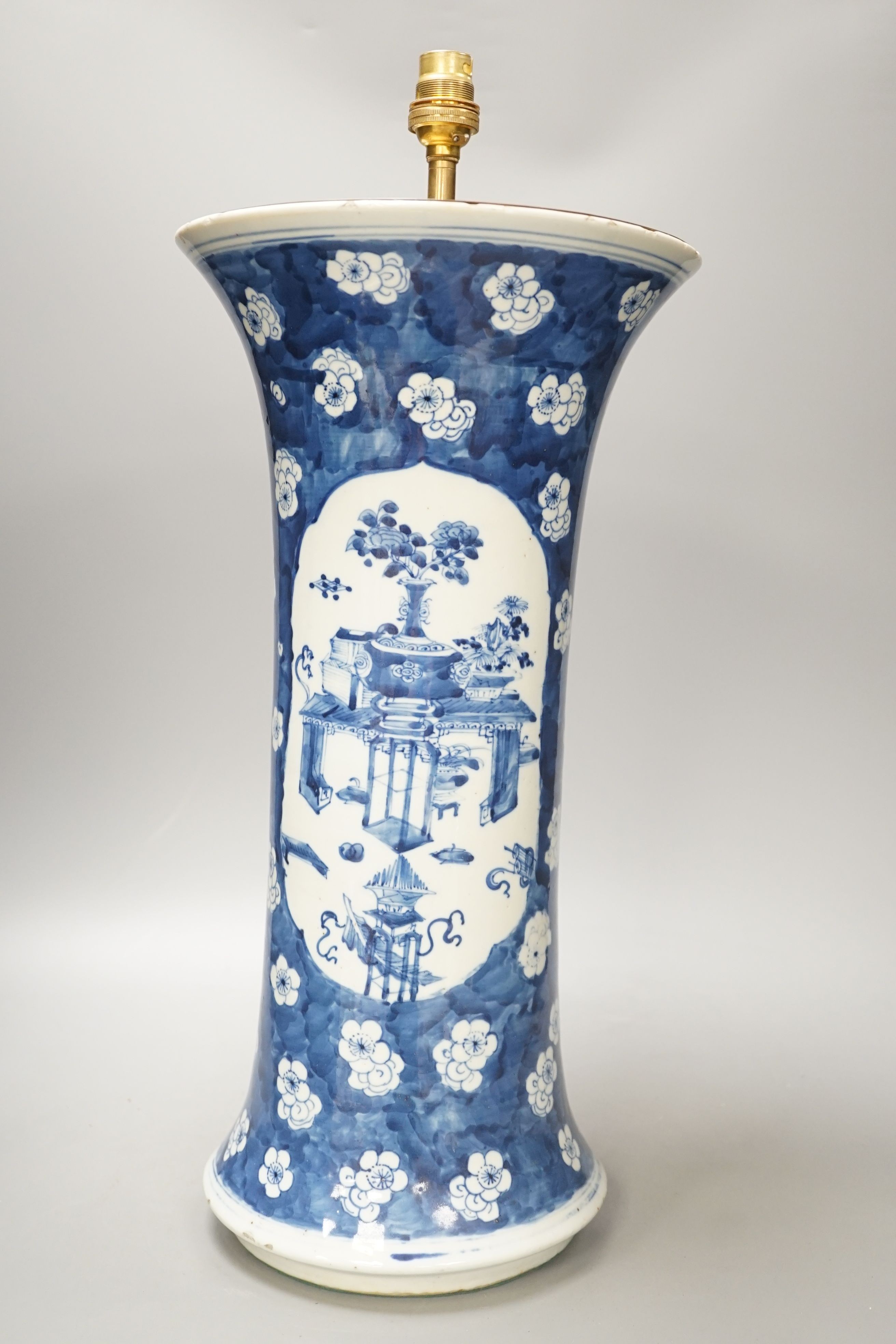 A large Chinese blue and white vase, early 20th century, converted to a lamp base, 46cm